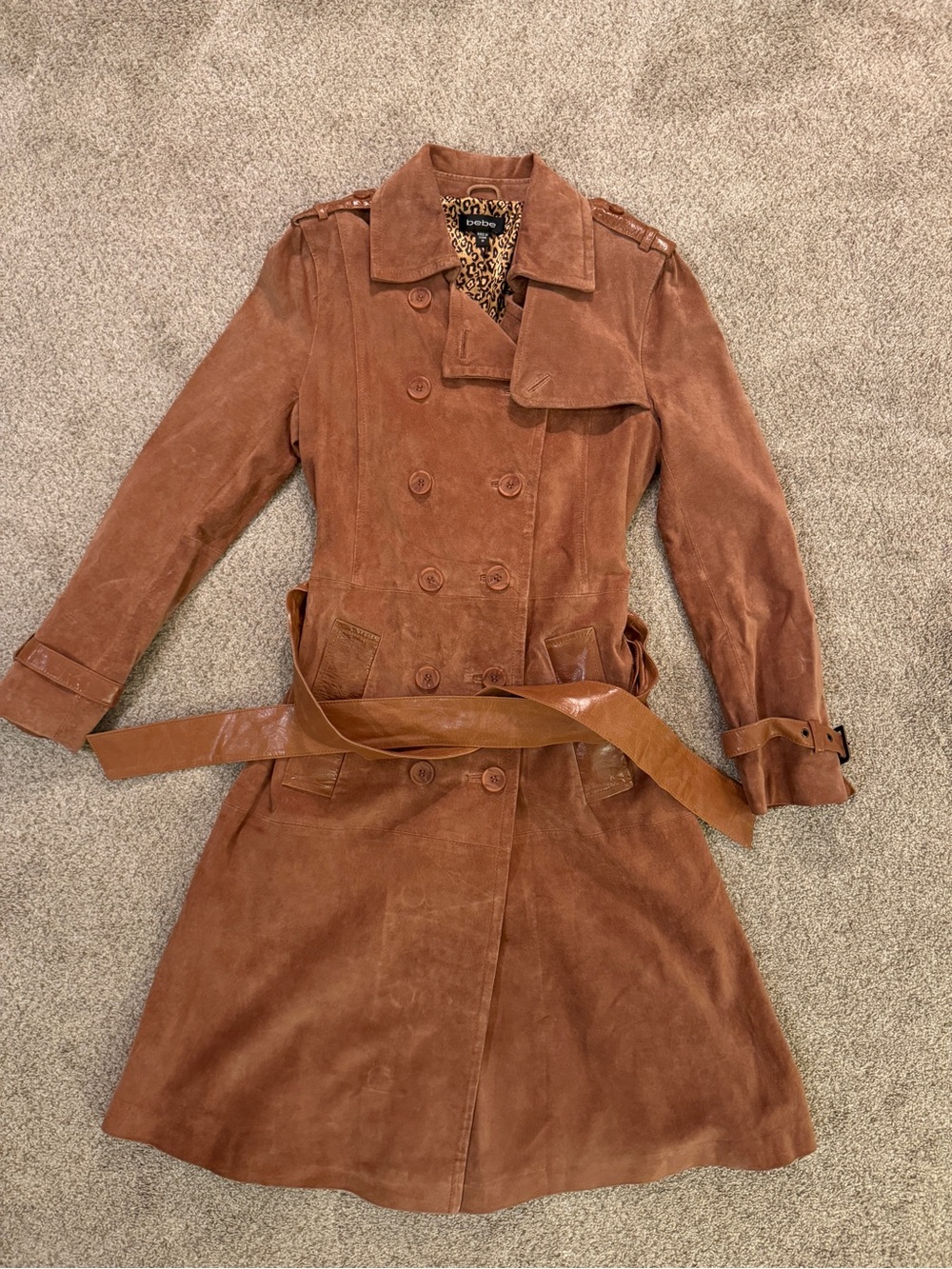Vintage Bebe Brown Suede & Leather Trench Coat Size Medium Animal Print Lined